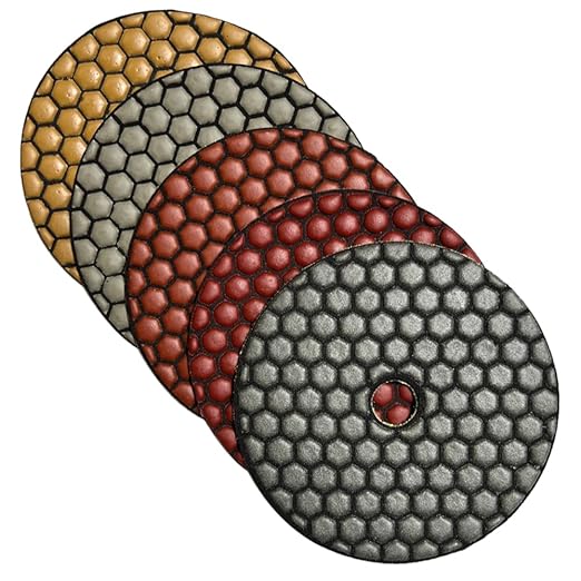 5" Dry Stone Polishing Pads Set (50, 100, 200, 400, 800 Grit with Rubber Backer) - for Granite, Marble, Concrete Countertops