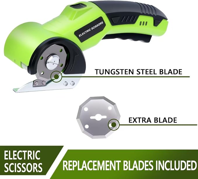 Cordless electric scissors, cardboard cutter, with safety lock, with LED light, two blades for powerful cutting of cardboard, leather, carpet, and fabric (green)