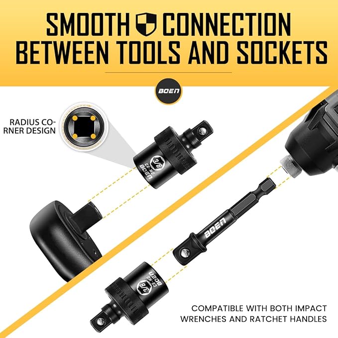 BOEN 6PCS Impact Universal Joint Sockets and Drill Adapters, 1/2" 1/4" 3/8" Drive Swivel Socket Set for Impact Wrench, CR-MO Steel Universal Joint Adapter Wobble with Storage Case