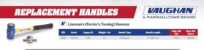 VAUGHAN Lineman's Hammer, Farrier's Turning Hammer, Made In The USA, Fiberglass Handle, L36F, VN17512