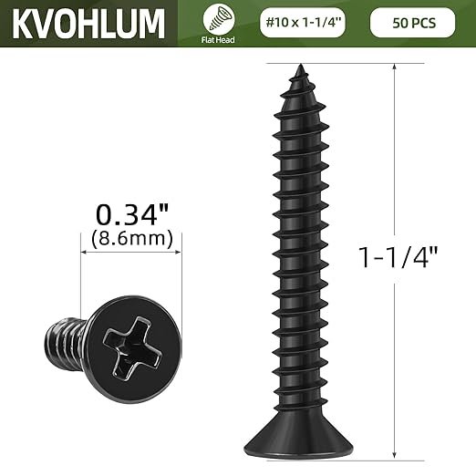 50 PCS #10 x 1-1/4" Black Sheet Metal Screws, Flat Head Phillips Fast Self Tapping Screws, Countersunk Head Wood Screws, Carbon Steel, Screwdriver Bit Included