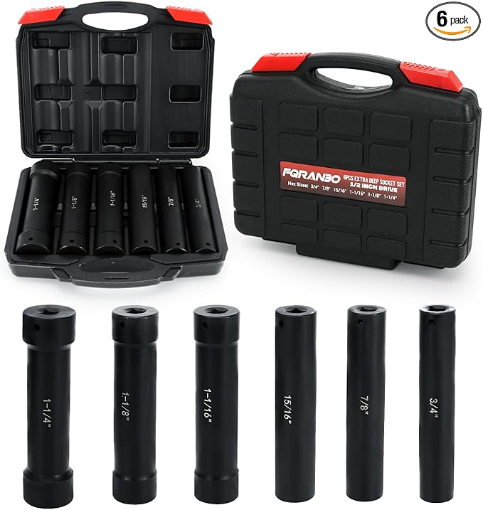 1/2 Inch Drive Extended Length Impact Socket Set, 6 Sizes Extra Deep Socket Set - Hex 3/4", 7/8", 15/16", 1-1/16", 1-1/8", 1-1/4" for High Torque Use (Extended Length)