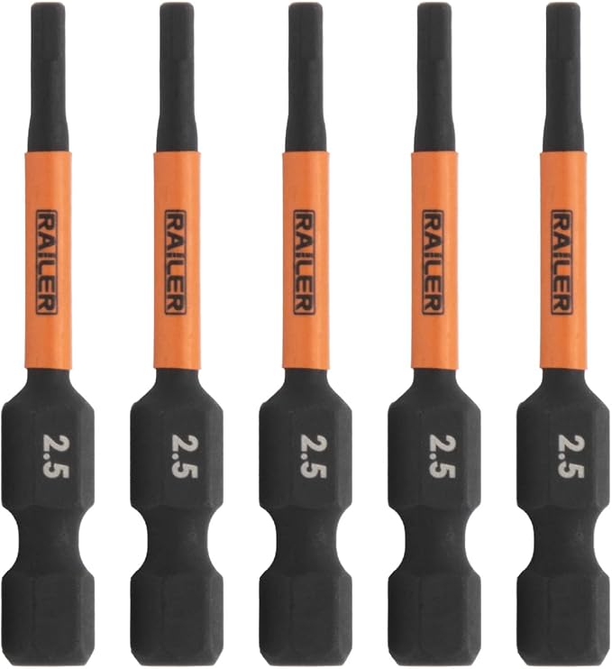 Railer 2.5mm Hex Drive Bit - Impact Grade S2 Steel 2" Hex Head Allen Wrench Drill Bit w/Quick-Release 1/4 Shank. (5pc)