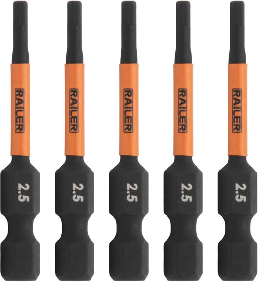 Railer 2.5mm Hex Drive Bit - Impact Grade S2 Steel 2" Hex Head Allen Wrench Drill Bit w/Quick-Release 1/4 Shank. (5pc)