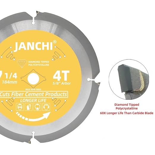 Janchi 7-1/4 Inch 4T PCD Tip Hardie Fiber Cement Circular Saw Blade with 5/8-Inch DMK Arbor, Polycrystalline Diamond Tipped Teeth Saw Blade for Laminate Flooring