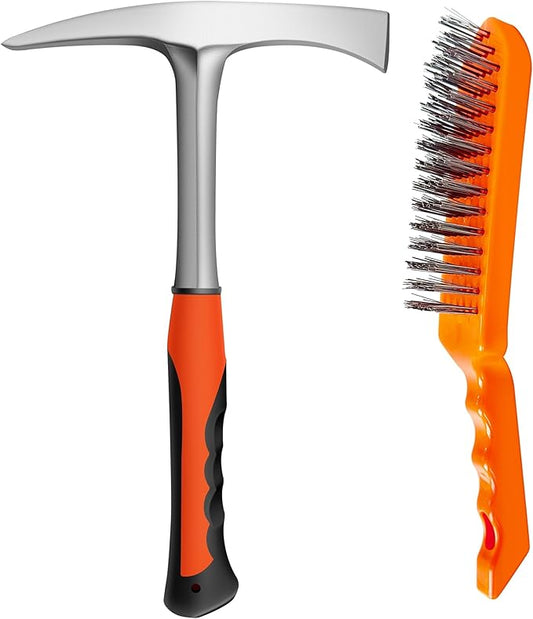 Welding/Chipping Hammer,28oz Professional Slag Removal Hammer and Wire Brush Set – Forged Steel Construction with Shock-Reducing Handle