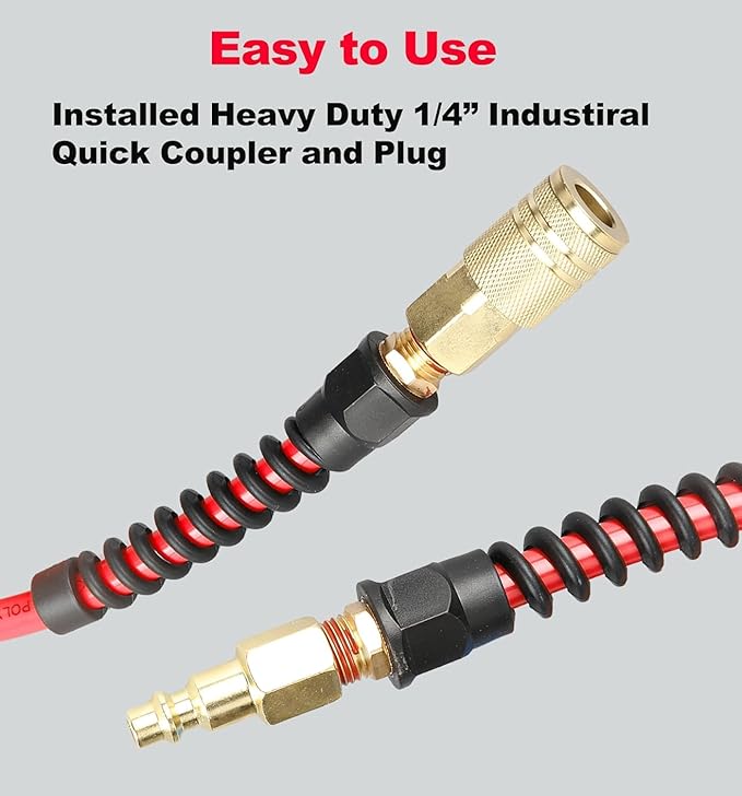 Keepro Hybrid Air Hose, Flexible 3/8 Inch ID x 100 Feet Long Air Compressor Hose with Repairable Solid Brass 1/4" Industrial Quick Coupler and Plug, 300 PSI Maximum Pressure, Red