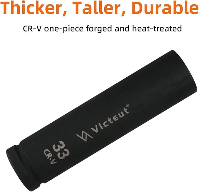 1-Inch Drive 33mm Extra Deep Impact Socket, 8-Inch (200mm) Long, 6-Point Truck & Trailer & Tractor Wheel Nut Socket, Heat Treated Cr-V Alloy Steel, One-Piece Forged, No Torque Loss
