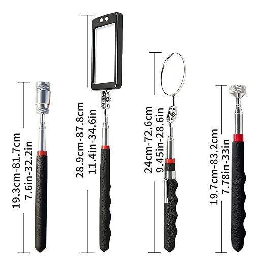 Telescoping Magnetic Pickup Tool Set, 2Pcs Round and Square Inspection Mirror Telescoping with LED Lights, 2Pcs Magnet Stick Best Gadgets Gifts for Men (Black, 4 Pack)