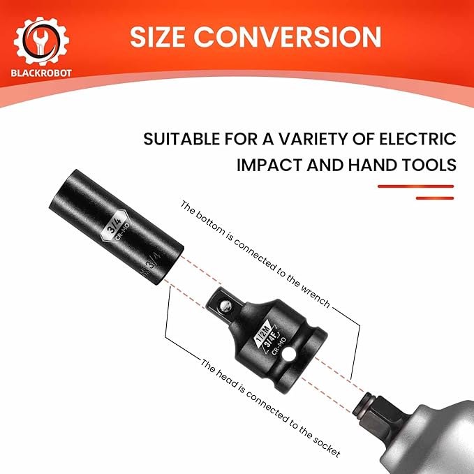 BLACKROBOT 3/4?쒯 To 1/2?쒶 Impact Socket Adapter, Cr-Mo Steel Exceeds ANSI Standards, Square Drive Reducer for Impact Driver Wrench