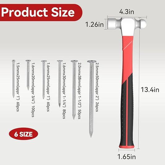 16oz Ball Peen Hammer with 376pcs Nails Set Metalworking Tool Carbon Steel Head Ball Pein Hammer 13.4" Shock Absorbing Fiberglass Handle with Textured Rubber Grip