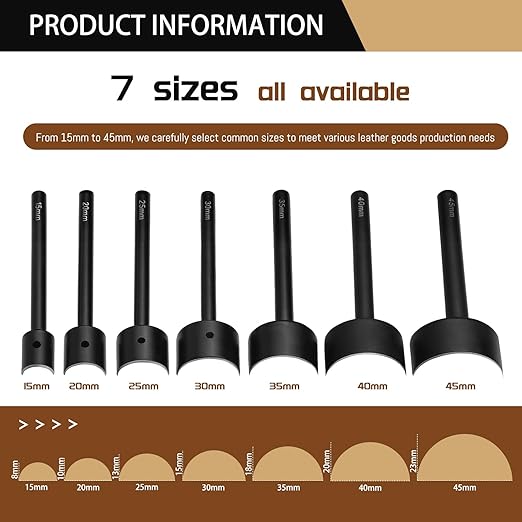 7 Sizes Leather Corner Punch, Half-Round Punch Set, Leather Belt Cutter End Punch Tool, Belt Cutting Tool, Leatherworking Tools for Strap Belts, Wallet, Bags (From15mm to 45mm)