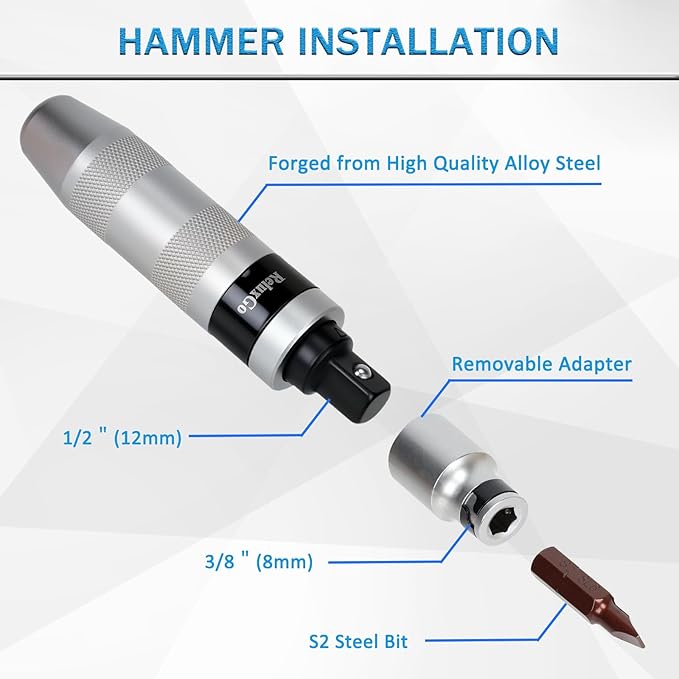 1/2" Hand Manual Impact Driver, Manual Reversible Impact Hammer Screwdriver Set Includes 12-Piece Slotted, Phillips, Hexagonal Bit Set, for Removing Rusted Fasteners or Frozen Bolts