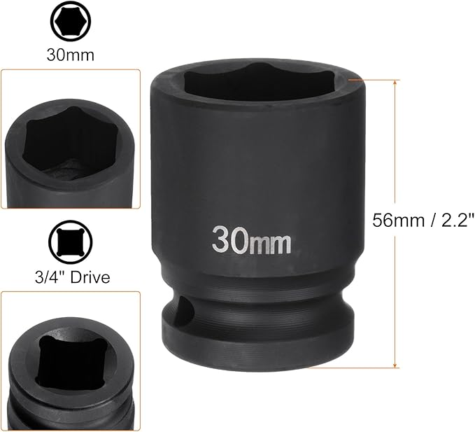 HARFINGTON 6-Point Impact Socket 3/4" Drive 30mm Metric 40Cr Alloy Steel Spindle Axle Nut Impact Socket