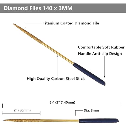 Yakamoz 10 Pcs Titanium Coated Mini Diamond File Set Flat Needle Square Round Triangular Shape Rifler Files for Metal Jewelry Glass Wood Carving Sanding Polishing Tool - 3x140mm