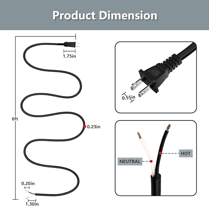 2 Pack 18AWG 6 Foot Power Tool Cord Supply Cable Replacement for Drills, Vacuums, Miter Saws,Sanders, Chop Saws, Grinders, Appliances, Motors etc Power Tools 2 Prong Polarized Plug