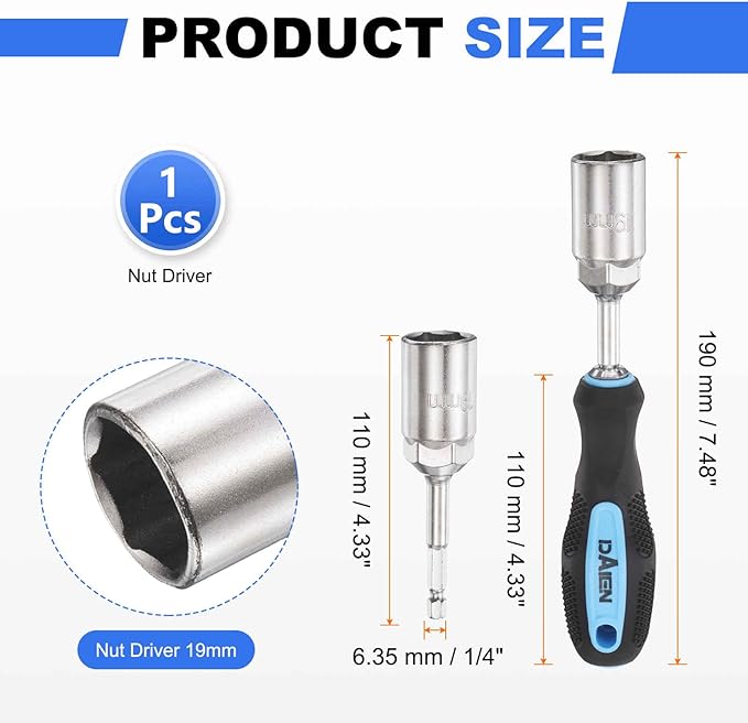 HARFINGTON Metric Nut Driver 19mm CR-V Non-Magnetic Detachable Tip Hollow Shafts Hex Socket Screwdriver with Anti-Slip Handle for Automobile Repair Bit Driver, Blue/Black