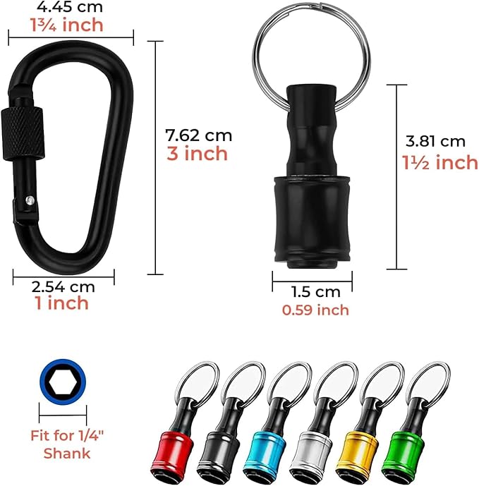 Bit Holder Keychain 12pcs - 1/4 inch Hex Shank Bit Holders - Quick Release Design for Nut Driver, Screwdriver & Drill Bits - Aluminum Alloy, Color Coded - Include 2 Keychain Carabiners