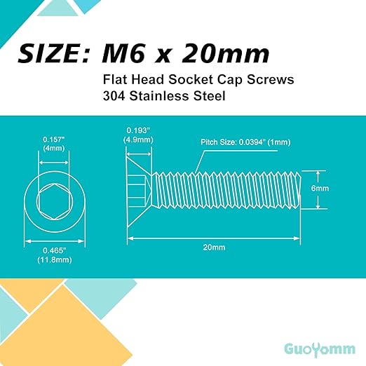 M6-1.0 x 20mm 30PCS Flat Head Hex Socket Cap Screws, Countersunk Bolts, Stainless Steel 304, Metric Allen Drive, Fully Threaded, Bright Finish