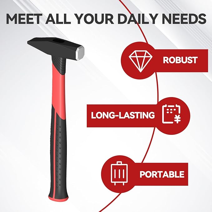 Machinist Engineers Hammer with 376pcs Nails Set, Smooth Face and Forged Steel,Shock-Absorbing Fiberglass Handle, Red and Black Handle Blacksmith Forging Tools 300 grams