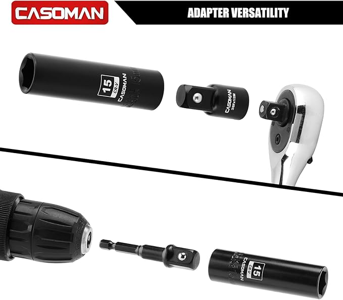 CASOMAN 33 PCS 1/2" Drive Deep Impact Socket Set with Case, 6-Point, 10mm - 36mm, Metric, Include Extension Bars, Drill Adapter and Universal Joint