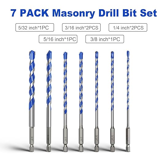 7 Pcs 5/32 to 3/8 inch Concrete Drill Bit Set,Masonry Drill Bit Set with Hex Shank,Carbide Tip Drill Bits for Concrete, Tile,Brick, Plastic, Cement (5/32" - 3/8"竊? Pcs竊?