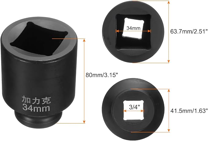 HARFINGTON 4 Point Square Socket 3/4" Drive by 34mm Metric Square Impact Socket 40CR Blackening Standard Wheel Sockets Pneumatic Socket Tool for Auto Repair Mechanical Maintenance Home Use