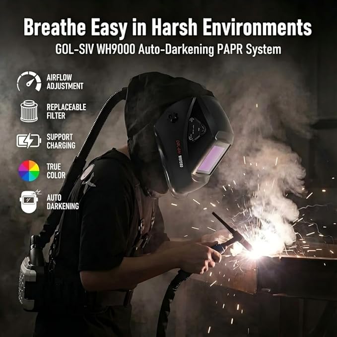 GOL-SIV Optical Grade 1111 External - Adjustment Automatic Dimming Welding Helmet with Filter - Type Air Purifying and Air Supplying Electric Respirator - High Precision Filtration for Welding Safety