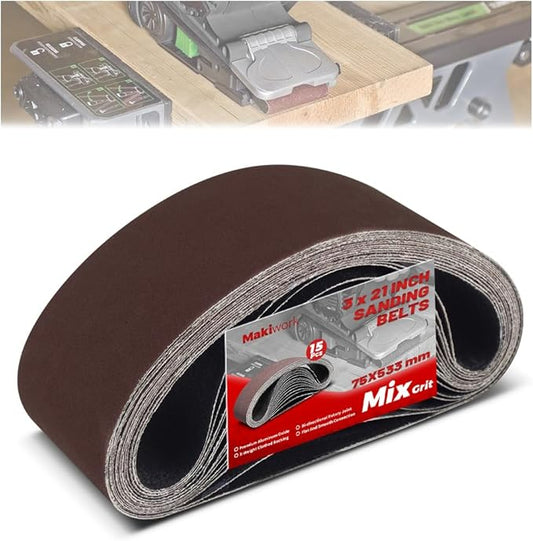 3 x 21 Inch 75 x 533 mm Sanding Belts Set - 15-Pack with 80/120/150/240/400 Grits, Aluminum Oxide Abrasive Belts for Woodworking