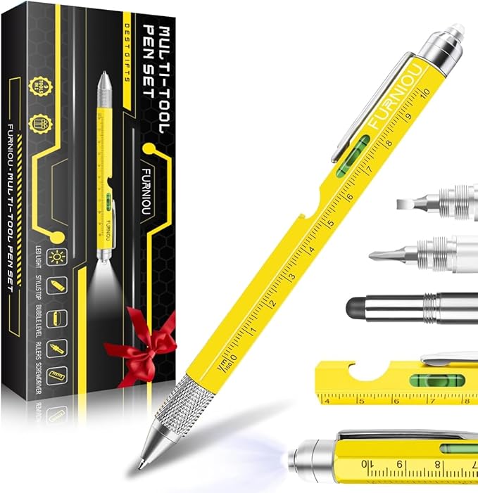 Stocking Stuffers Gifts for Men Women, Birthday Gift from Daughter Son Wife, 9 In 1 Multi-Tool Pen Set Christmas Gifts for Dad Grandpa Husband Boyfriend, Cool Unique Tools Gadgets for Men, Yellow