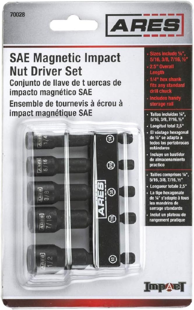 ARES 70028-5-Piece SAE Impact Magnetic Nut Driver Set - 2 1/2-Inch Impact Grade Nut Setters with Industrial Strength Magnet