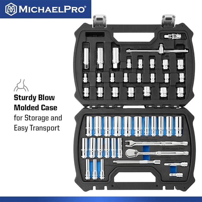 MichaelPro 57-Piece 1/2'' Drive Socket Set, 90-Tooth Standard & Deep Sockets, SAE 3/8''- 1-1/4'' & Metric 10-32mm, with Extension Bars, Sliding T-Bar, Universal Joint ??CR-V Steel | MP005061