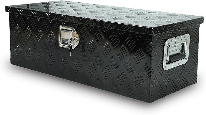 confote 30" Heavy Duty Aluminum Stripes Plated Tool Box Pick Up Truck Bed RV Trailer Toolbox Waterproof Square Storage Organizer with Side Handle, Lock with Keys -30"x 13"x 10"，Black