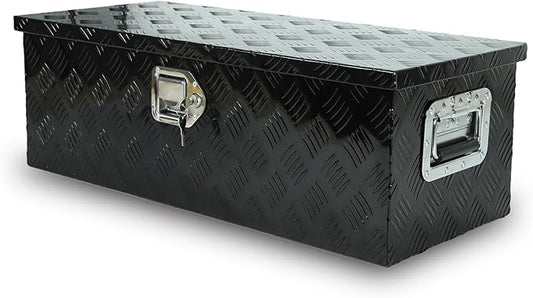 confote 30" Heavy Duty Aluminum Stripes Plated Tool Box Pick Up Truck Bed RV Trailer Toolbox Waterproof Square Storage Organizer with Side Handle, Lock with Keys -30"x 13"x 10"，Black