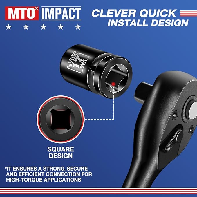 MTO 1/2" Drive 17mm Shallow Impact Socket, 6-Point Metric Socket, CR-MO Steel & Anti-Corrosion Coating for Tight Spaces and Heavy-Duty Tasks