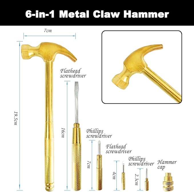 6 in 1 Mini Hammer Brass Hammer with Screwdriver Hand Tools Multifunction Jewelers Hammer Copper Hammer for Repair Mobile Phones, Laptops, Watches, Glasses, Camera,Tablet (Gold)