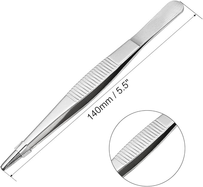 uxcell 5 Pcs 5.5-Inch Stainless Steel Straight Round Blunt Tweezers Serrated Tip