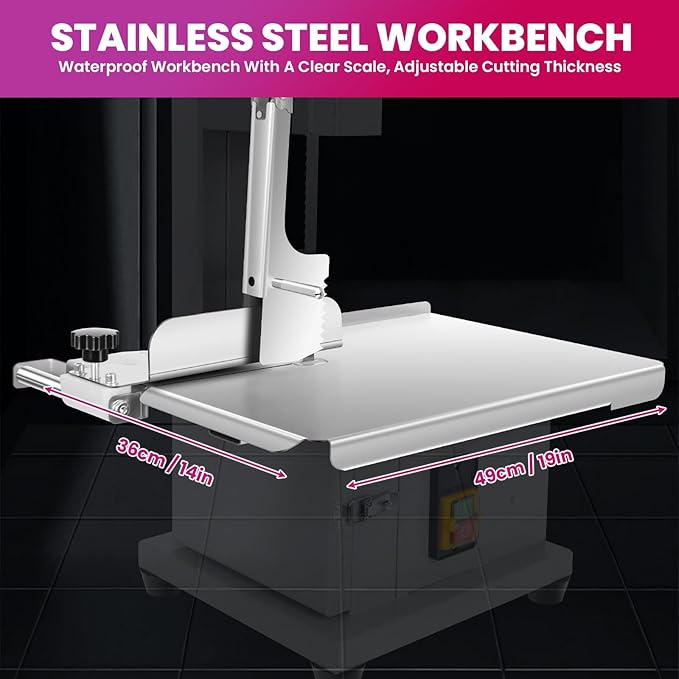 1500w Electric Meat Bone Saw, Stainless Steel Tabletop Meat Bandsaw for Butchering, Cutting Thickness 0.8-7.1 Inches, Commercial Frozen Meat Cutting Machine with 6 Blades, Workbeach 19.3 "x 15.35"