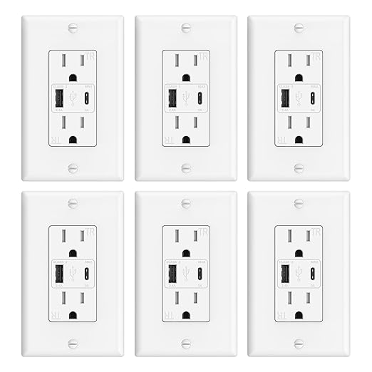 ThunderWay USB Outlet, 15 Amp Wall Outlet with USB Ports, 21W Charging USB C Outlets Receptacles with Type A & Type C Ports, Tamper Resistant, Wall Plate Included, ETL Listed, White, 6 Pack
