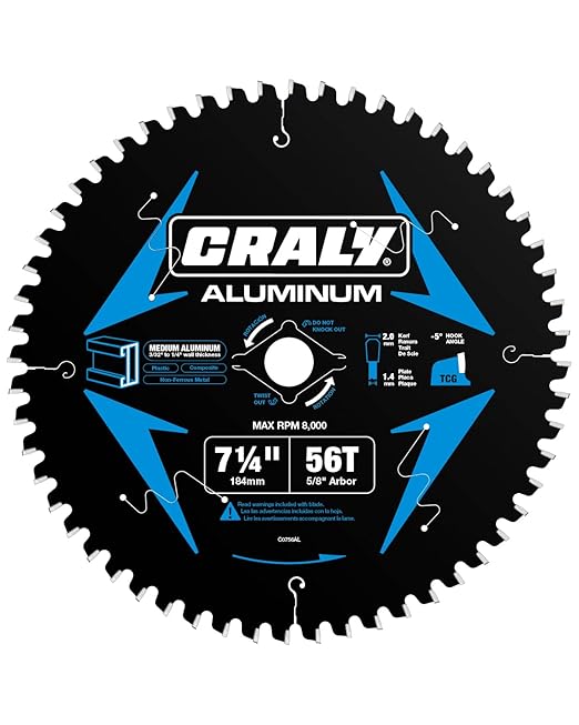 CRALY 7-1/4 Inch 56 Teeth Aluminum and Non-Ferrous Metal Cutting Circular Saw Blade, 5/8 Inch Arbor, Carbide Tipped, Thin Kerf, Black Ice™ Coating, for Medium Aluminum, Plastic, Composite(C0756AL)