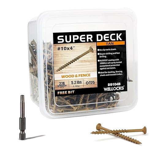 WELLOCKS Deck Screws, Wood Screws, Tan, Superior Rust Resistant, Epoxy Coated, Above 1000 Hour Salt Spray Coating T25 Torx Star Bit Included for Outdoor Wood Fence (5.2LBS Tan, #10횞4")