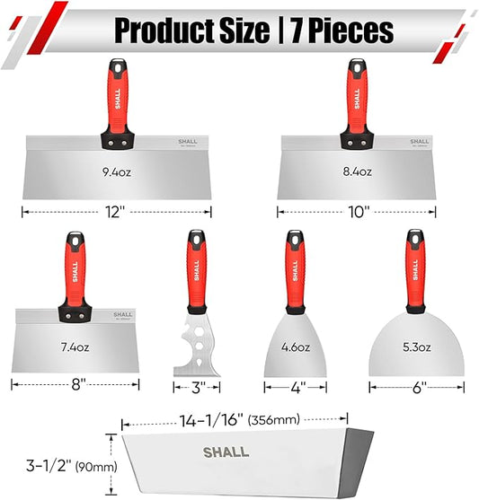 SHALL Drywall Tool Kit, 7 Pcs Stainless Steel Set Includes Putty Knife, Taping Knife, Painter Scraper Tool & 12" Mud Pan for Joint Taping, Finishing, Patching