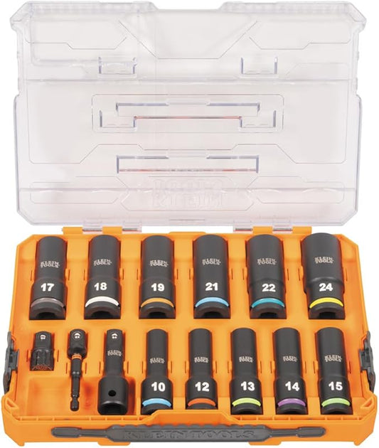 Klein Tools 65111IMPCTM KNECT Deep Well Impact Socket Set, 1/2-Inch Drive, Metric, Color Coded, MODbox Case, Impact Adapter and Extension, 14-Piece