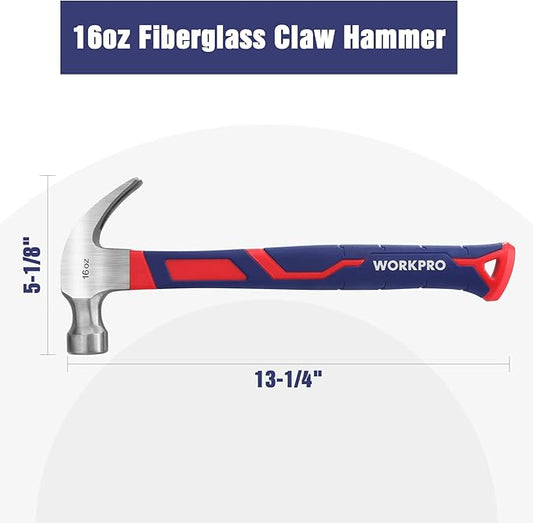 WORKPRO 16 oz Claw Hammer with Fiberglass Handle, All Purpose Hammer with Forged Hardened Steel Head