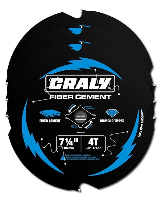 CRALY 7-1/4 Inch 4 Teeth Hardie Fiber Cement Circular Saw Blade, 5/8 Inch Arbor, Polycrystalline Diamond Tipped (PCD), Thin Kerf, Black Ice??Coating, for Laminate Flooring, 3-Pack(C0704FC-3)