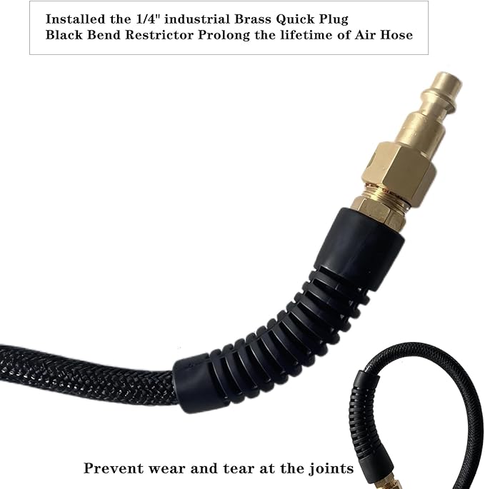 Air Hose 1/4 in x 100 ft, Polyurethane(PU), Reinforced Air Compressor Hose, Lightweight, Kink Resistant with 1/4??Industrial High Flow Quick Coupler and Plug, Bend Restrictors,300 PSI (Black, 100FT)