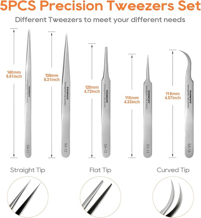 Precision Tweezers, Stainless Steel Pointed Tweezers for Craft, Electronics, Soldering, Experimental Work, Jewelry-Making, Non-Magnetic Industrial Tweezers by TOWOT