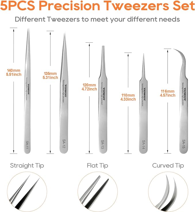 Precision Tweezers, Stainless Steel Pointed Tweezers for Craft, Electronics, Soldering, Experimental Work, Jewelry-Making, Industrial Tweezers, by TOWOT