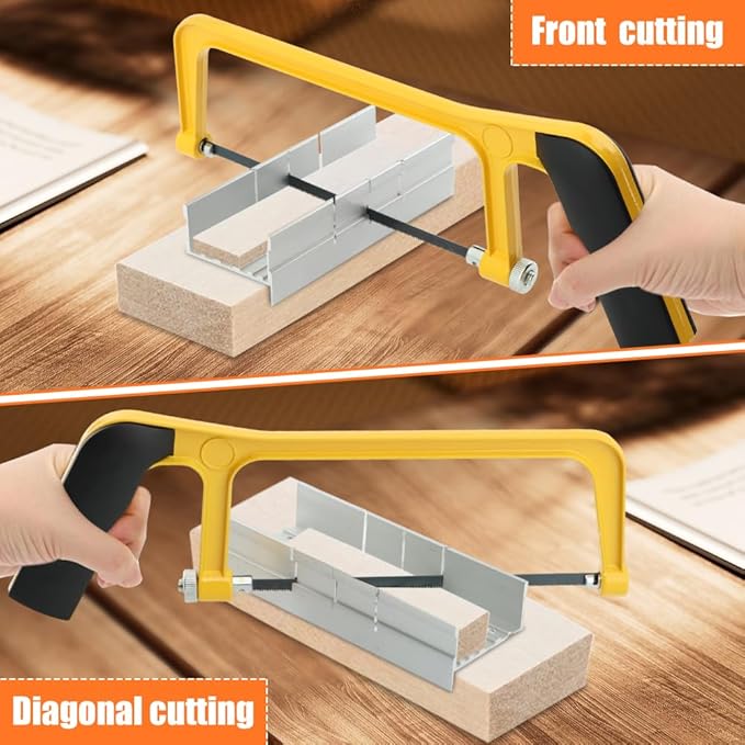 Mini Metal Mitre Box and Saw Set, 6 Inch Extra Fine Cut Hand Saw with 2 Hacksaw Replacement Blades & Gloves for Crafts, Hobby Projects, Cutting Wood, Soft Metal(COLOR:Yellow)
