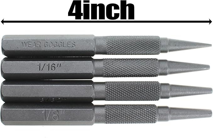 Maxmoral 4 Pieces Nail Setter Punch and Center Punch Set Heat Treated Alloy Steel with Knurled Grip 4 Sizes